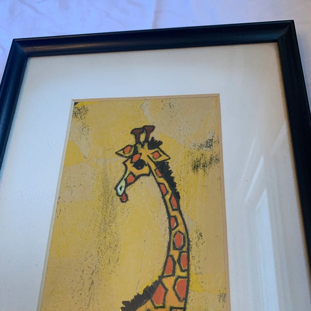 Mid-Century giraffe painting with vibrant colors and interesting proportions. A fabulous nursery piece and ready to hang.
