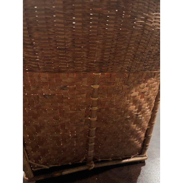 15 Inch Wide Vintage Handwoven Round Reed Market Basket With Strap Loops Mid-20th Century Organic Modern Storage For Sale In San Diego - Image 6 of 9