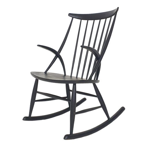 Black Wooden Model Iw3 Rocking Chair attributed to Illum Wikkelso for Niels Eilersen, Denmark, 1958 For Sale