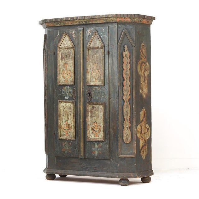 Rustic Antique Rustic Farmhouse Folk Art Painted Bridal Cabinet, 1882 For Sale - Image 3 of 18
