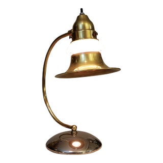 1930s Art Deco Streamline Brass Chrome Milk Glass "Halo" Table Lamp Markel Faries Era For Sale