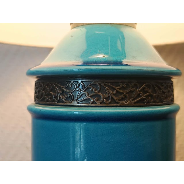 Blue Ceramic Lamp with Claw Feet and Foliage Lampshade, 1960s For Sale - Image 11 of 14