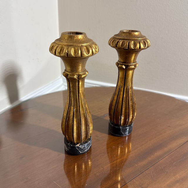 Hollywood Regency Vintage Gilt Candlestick Holders Pair Elegant Fluted Design Hollywood Regency Style Decor For Sale - Image 3 of 6