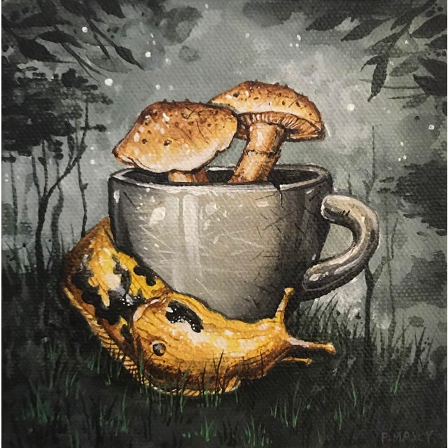 Undisturbed by Patrick Maxcy | Oil on canvas Still life of mushrooms in a cup with a snail For Sale