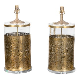 Vintage English Brass and Glass Lamps with Openwork Motifs on Lucite - a Pair For Sale