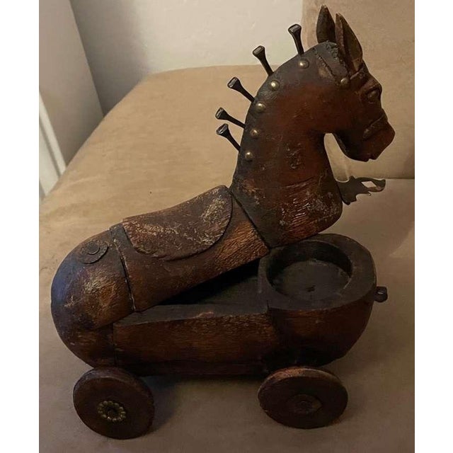 Antique Folk Art Wooden Horse Pull Toy & Storage Box – Iron Nail Mane, Hinged Saddle Lid, Rustic Patina, 19th Century. For Sale - Image 6 of 8