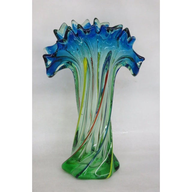 Mid Century Modern Hand Blown Glass Twisted Fan Rim Tall Vase For Sale - Image 13 of 13