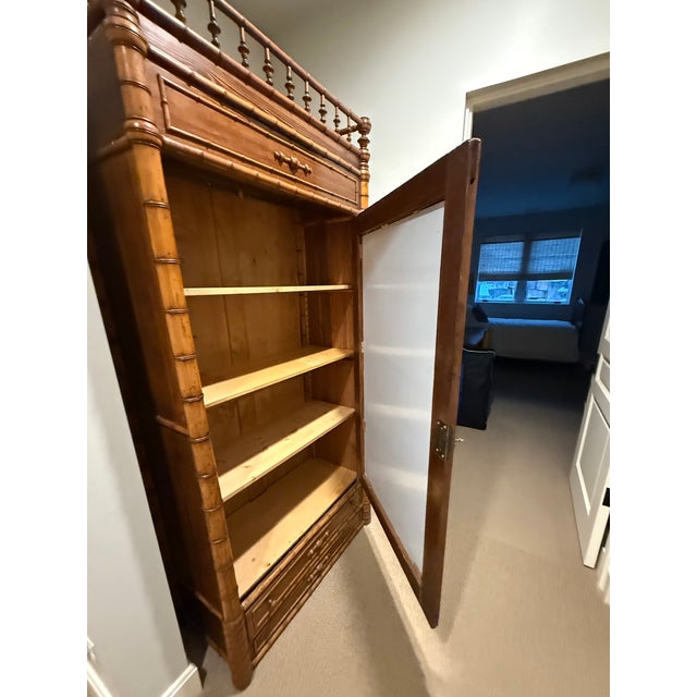 19th C Faux Bamboo Mirrored Armoire Wardrobe Cabinet For Sale - Image 4 of 11
