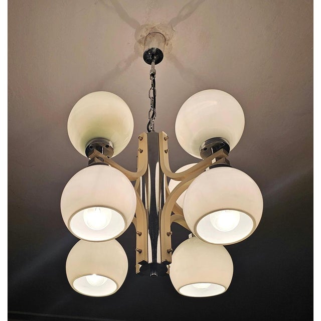Space Age Eight-Light Chandelier with While Glass Shades, 1970s For Sale - Image 4 of 15