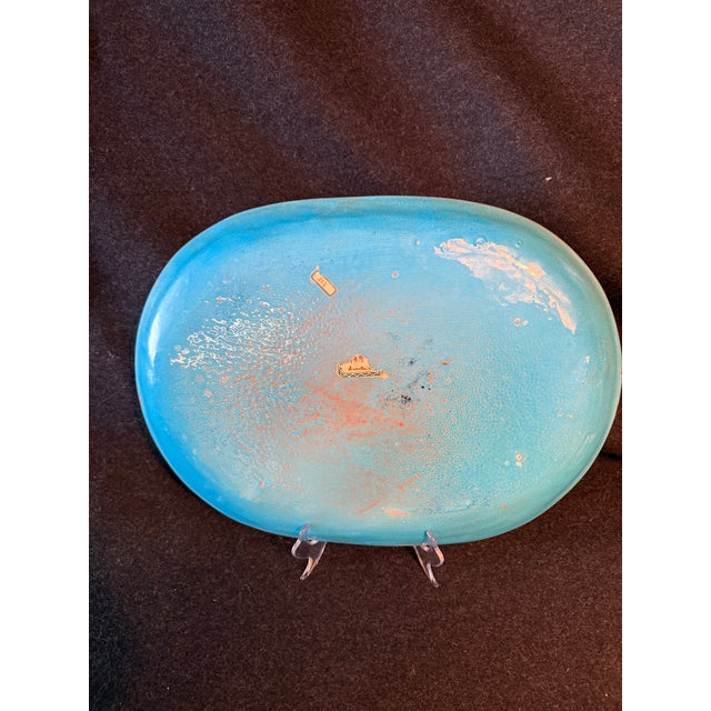 Mid-Century Modern 1940s Mid Century Modern Italian Ceramic Platter Fisherman With Stars Moonlight and Cat in Bright Blue Glaze For Sale - Image 3 of 10