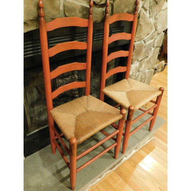 Farmhouse 1920s Pair of Red Ladderback Chairs With Rush Seats For Sale - Image 3 of 18