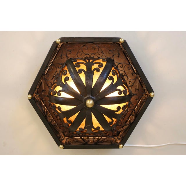 1950s Spanish Revival Mica Wrought Iron Brass Elaborate Octagon Light Ceiling Lamp For Sale In Los Angeles - Image 6 of 11