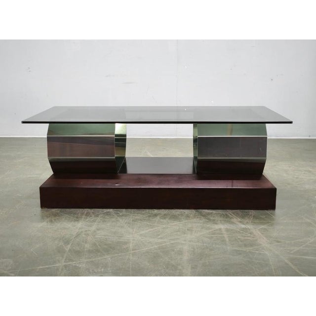 Italian Chrome, Smoked Glass and Wood Coffee Table, 1970s For Sale - Image 12 of 14