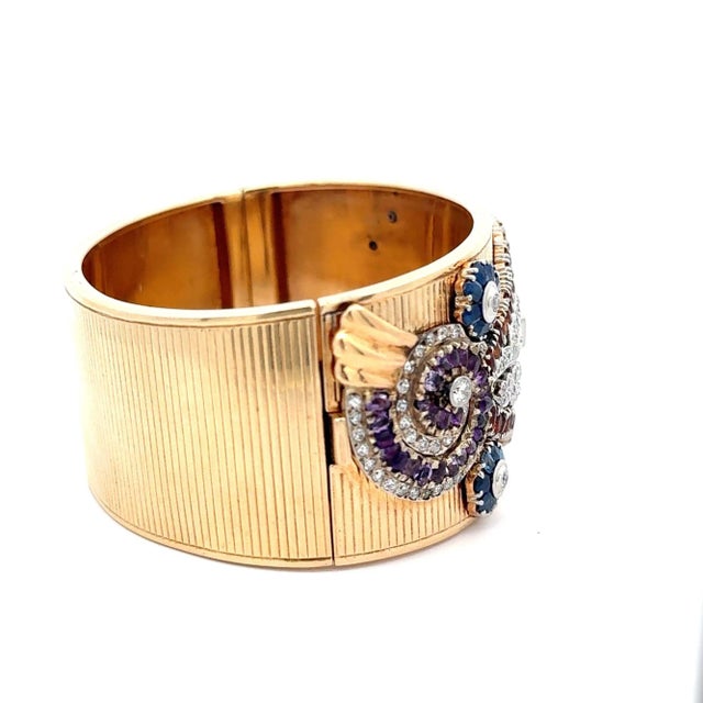 1930s Antique Bohemian Art Deco 14k Gold Cuff Diamond Bangle Bracelet For Sale - Image 5 of 5
