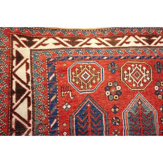 Red 1900s Red Vibrant Field Antique Caucasian Tribal Geometric Akstafa Kazak Rug For Sale - Image 8 of 9