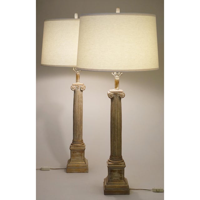 Brass 1930s Neoclassical Ionic Column Plaster Table Lamps XL 44" - a Pair For Sale - Image 8 of 9