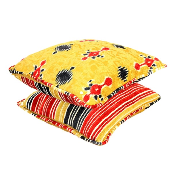 Yellow Silk Velvet Ikat Reversible Pillows With Stripe Piping - a Pair For Sale - Image 10 of 13