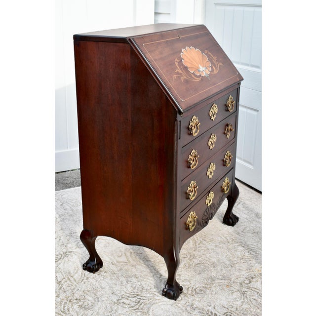 French Antique Carved & Inlaid Mahogany French Style Ladies Slant Front Desk For Sale - Image 3 of 12