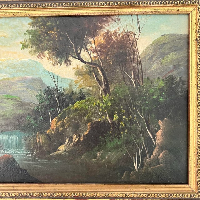 Antique 1889 Impressionist Original Oil on Canvas Painting Landscape With Cascade Framed and Signed For Sale - Image 4 of 12
