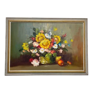 Vintage Floral Still Life Oil Painting in Frame | Elegant European Bouquet With Roses & Daisies | Classic Traditional Wall Art