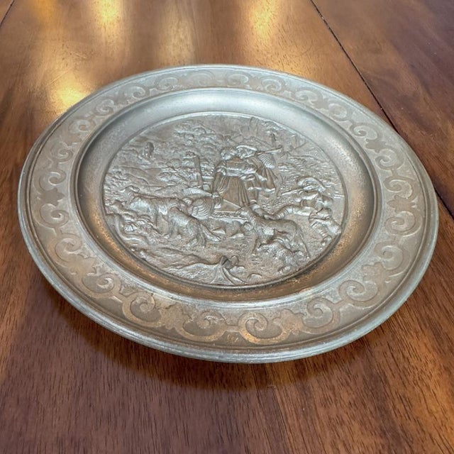 Metal Antique Sks Zinn Pewter Hanging Plate, Germany with Farming Sheppard Scene For Sale - Image 7 of 12