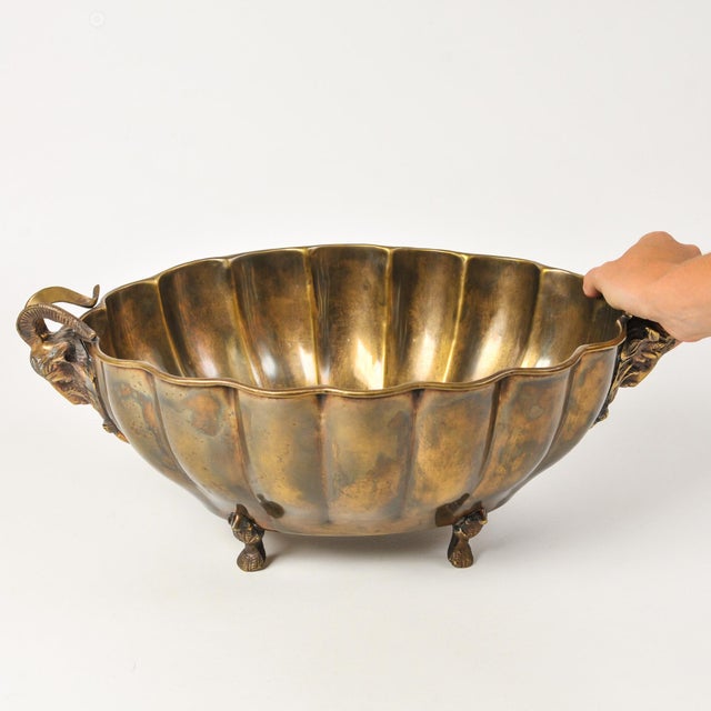 Vintage Brass Ram Head Footed Bowl Centerpiece Jardiniere Cache Pot Hollywood Regency Decor For Sale - Image 12 of 12