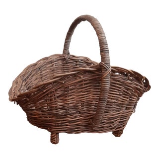 Vintage XL Oversized French Wicker Basket With Feet and Handle For Sale