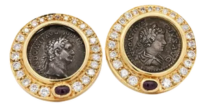 Vintage Diamond & Ruby 18k Gold Roman Coin Replica Clip-On Earrings, A Pair