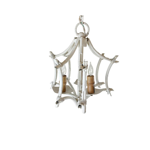 Chinoiserie 1970's Faux Bamboo White Pagoda Tole Chandelier For Sale - Image 3 of 3