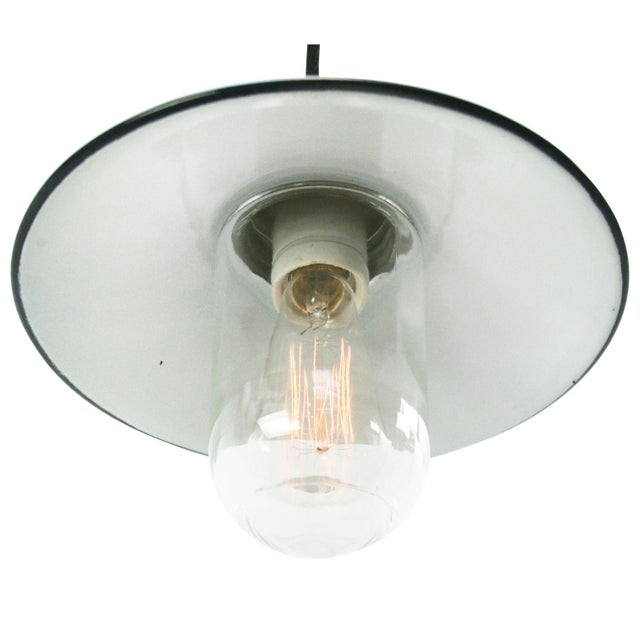 Mid-Century Modern Vintage Petrol Enamel, Brass, and Glass Pendant Light For Sale - Image 3 of 5