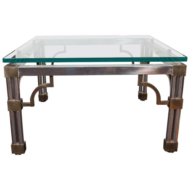 Asian Inspired Glass Top Chrome Coffee Table with Brass Detail Chairish