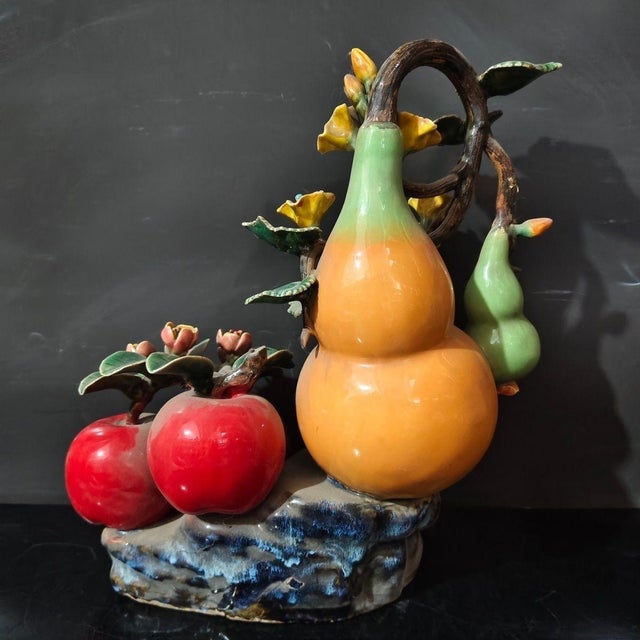 Mid 20th Century Vintage Shiwan Kiln Glazed Gourd & Apple Sculpture / Chinese Good Luck Statue For Sale - Image 5 of 7