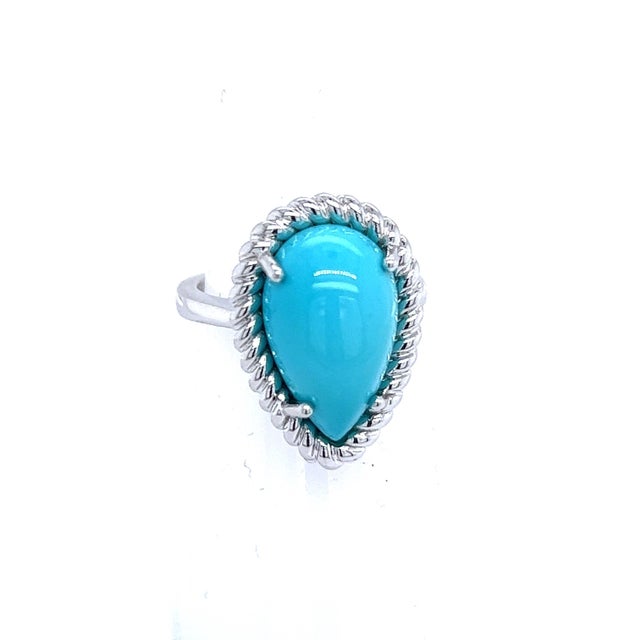 Blue Natural Persian Turquoise Ring Size 6 14k White Gold 6.21 TCW Certified For Sale - Image 8 of 13