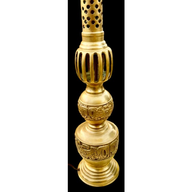 Attributed to James Mont MCM Gilt Brass Candlestick Lamp With Frosted Glass Flame Shade For Sale - Image 12 of 14