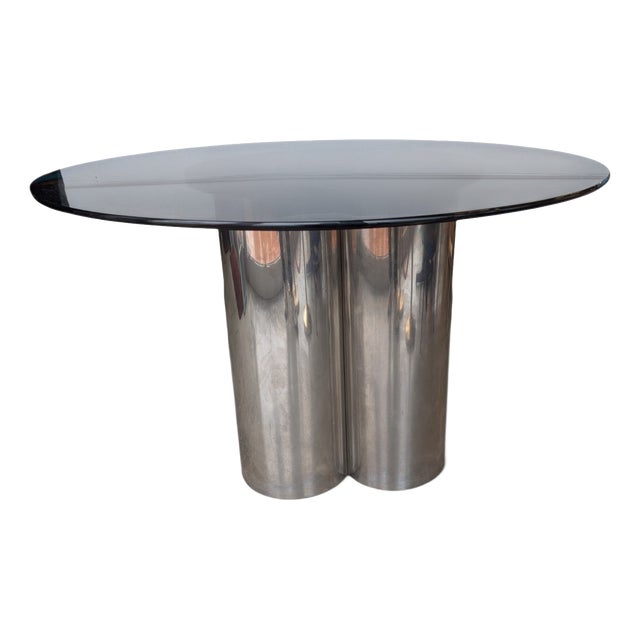 Round Smoked Glass Table with Three-Cylinder Chromed Steel Base, 1970s For Sale