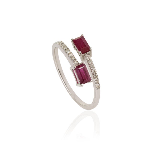 Contemporary 14k White Gold Ruby & Diamond Open Bypass Ring Size 7 For Sale - Image 4 of 16