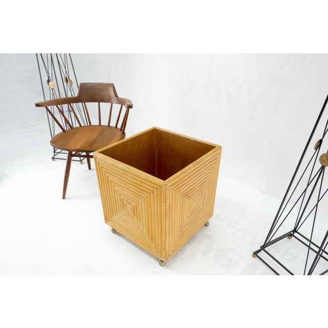 Mid-Century Modern Reed Bamboo Rattan Square Cube Shape Planter Stand on Wheels For Sale - Image 12 of 12
