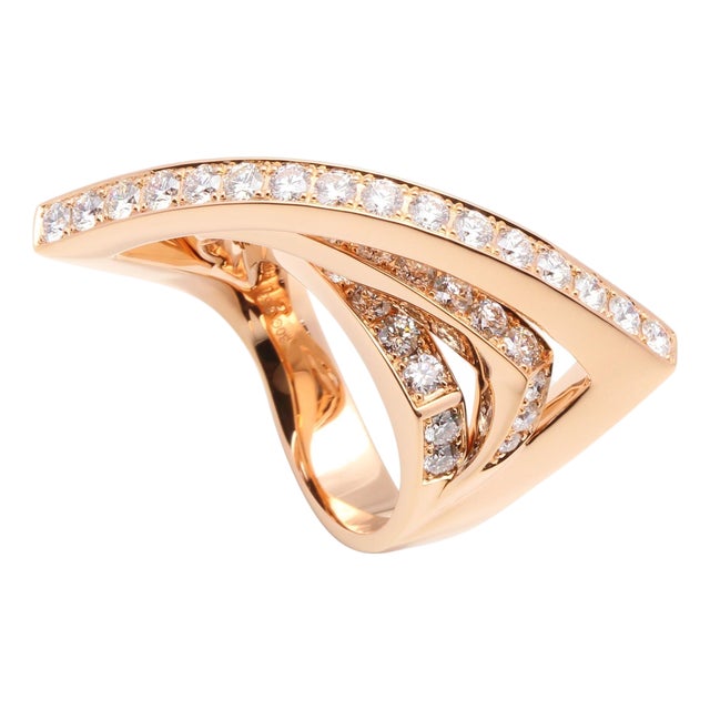 Diamond Channel Set Line Geometric Wave Unique Statement 18 Karat Rose Gold Ring, Size 7 For Sale