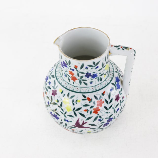 Vintage Floral Bird Ceramic Pitcher With Colorful Hand-Painted Flowers For Sale - Image 4 of 11