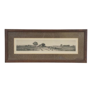 Antique Country Farmhouse Hay Field Harvesting Crops Landscape Etching 25" For Sale