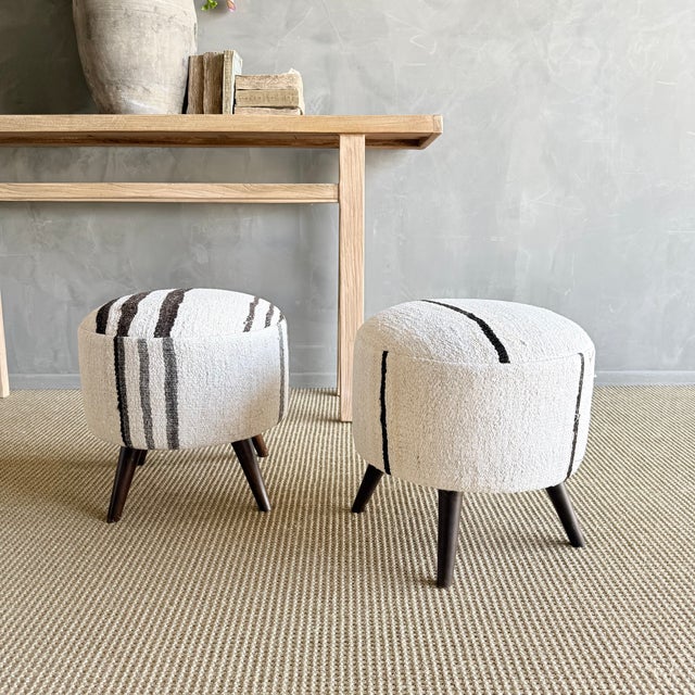 Not Yet Made - Made To Order Pair of Striped Off-white, Black Ottomans Made From Vintage Turkish Rugs For Sale - Image 5 of 9