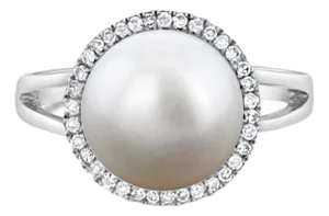 10MM Freshwater Pearl Diamond Halo Ring, Size 5
