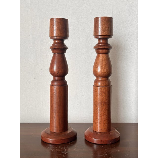 1960s Vintage Midcentury Pair of Hand Turned Wooden Candlesticks 13” Height For Sale - Image 5 of 7