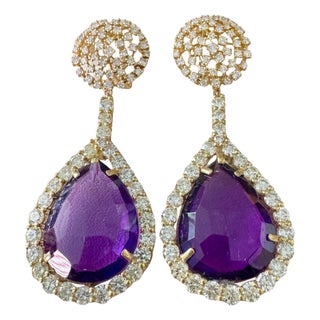 38 Carat Natural Amethyst & 9 Ct Diamond Cocktail Earring, 14 Karat Yellow Gold For Sale