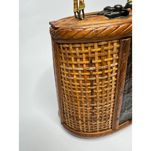 Wood Coastal Rattan Embossed Black Metal and Wood Basket For Sale - Image 7 of 12