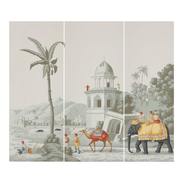 Early View of India Panoramic Hand Painted Wallpaper on Scenic Paper Murals - Set of 3 For Sale
