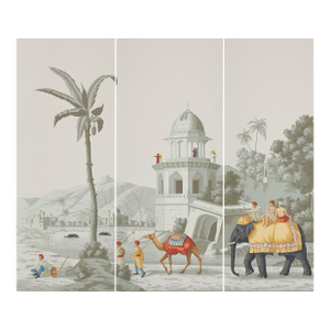 Early View of India Panoramic Hand Painted Wallpaper on Scenic Paper Murals - Set of 3