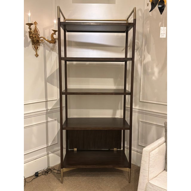 Modern Revelation Multiple Personality Etagere, brown wood with gold accents. Original retail $3981. Showroom floor sample.