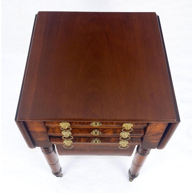 Solid flame Mahogany Turned Legs 3 Drawer Drop Leaf Sewing Stand Cabinet MINT For Sale - Image 6 of 13