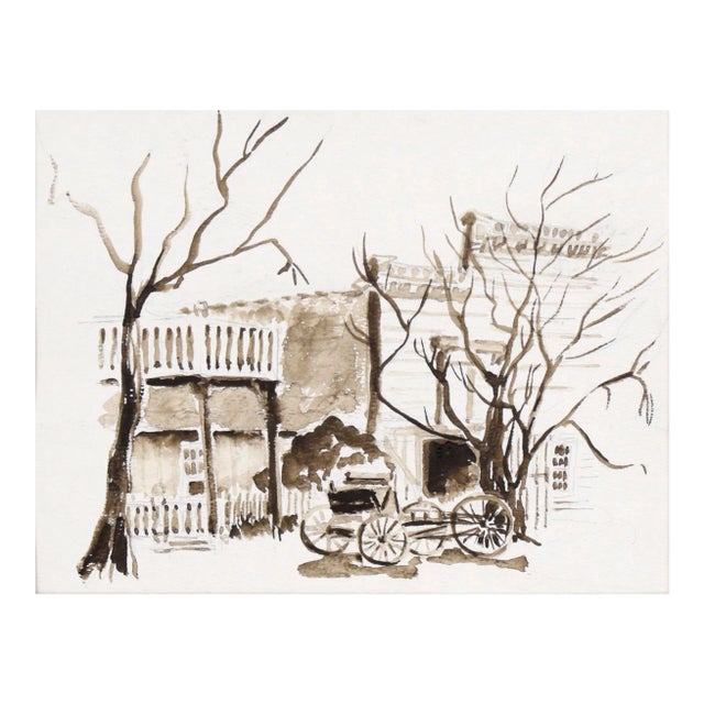 Carriage Outside the St Charles Saloon - Columbia Ca - Monochrome Watercolor For Sale